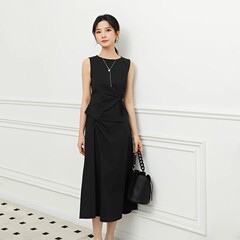 夏新作ノースリーブベストスカートスーツレディースウエストプリーツ着痩せAラインスカート通勤万能2点セット