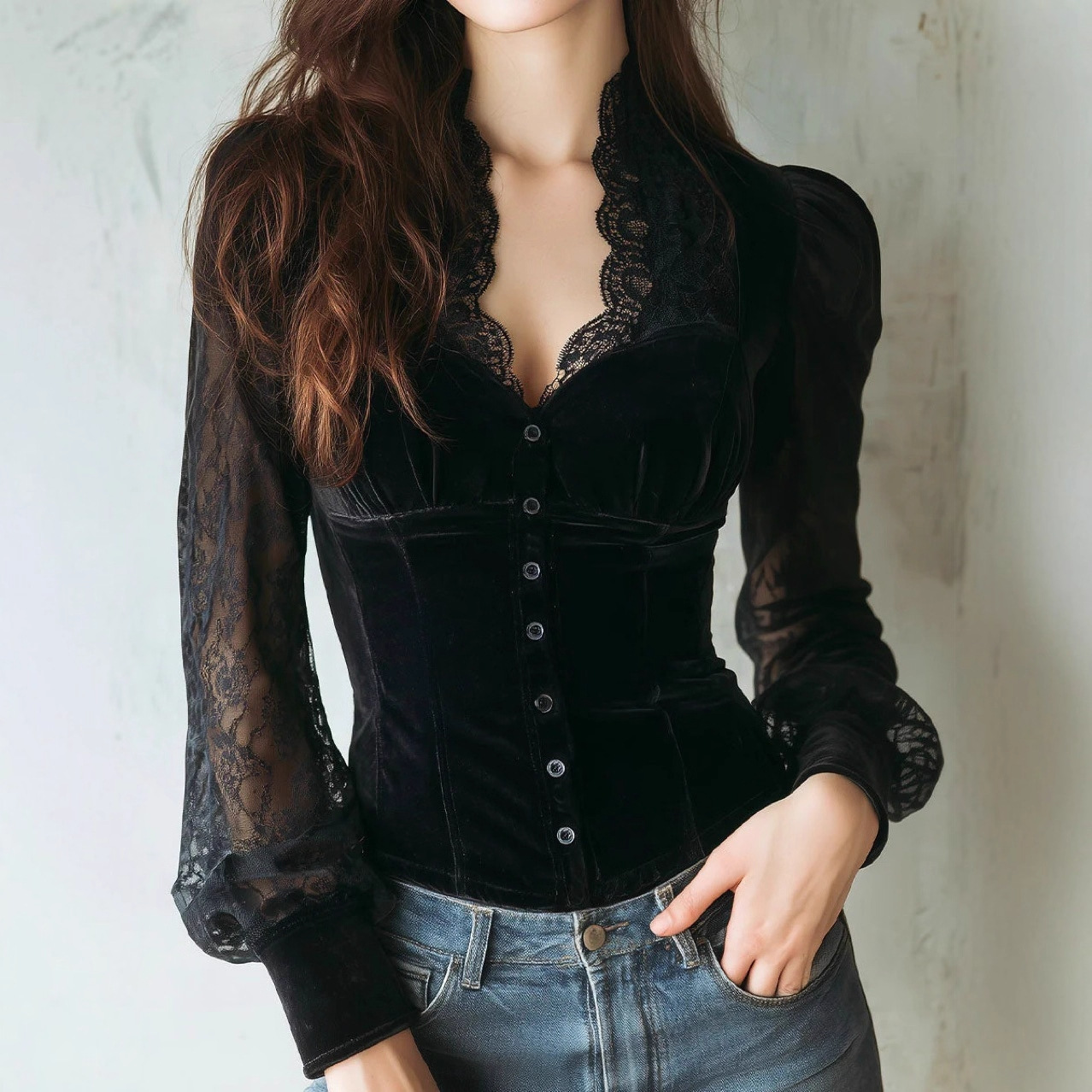 European American Pure-desire Style Sexy V-neck Lace Patchwork Long-sleeve Shirt, Unique And Elegant Women's Top_ecoleips.com