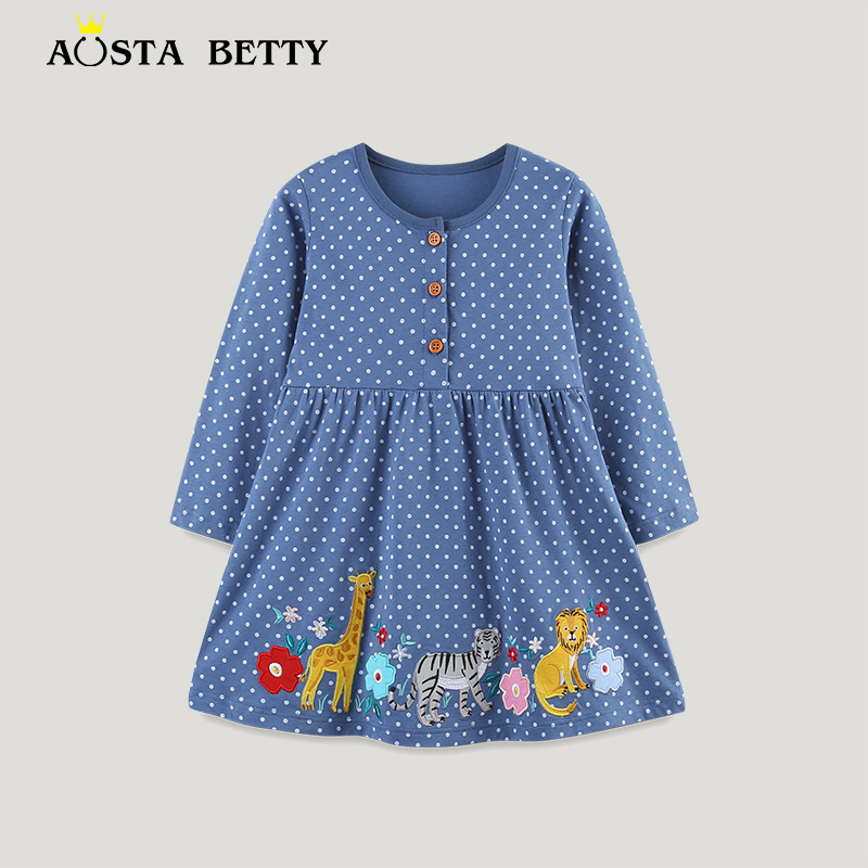 Prinzessinnenkleid für Mädchen, Herbststil, Tierstickerei, Polka Dots, lange Ärmel, modisches Kinderkleid_voghion.com