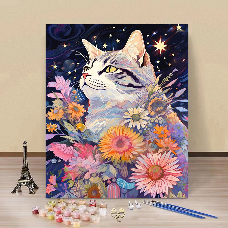 Pintura por números “Gato Estrellado” — arte DIY de fábrica al por mayor, estilo Van Gogh, flores y paisajes hechos a mano
