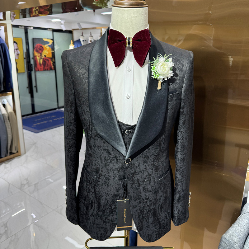 Men's Suit Cross-Border Foreign Trade Printed Men's Wedding Casual Host Suit 3-Piece Set 3Pcs