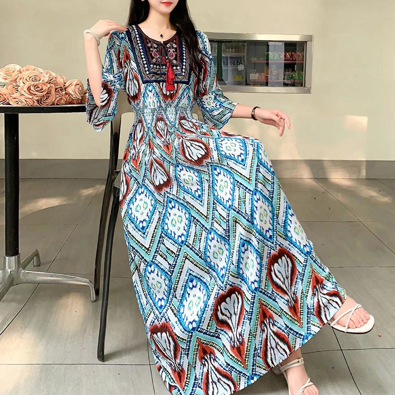 Ethnic Cross-border Long Dress High Waist Mid-sleeve Large Swing Skirt Round Neck Half-sleeve Beach Dress plus size Cotton Silk dress