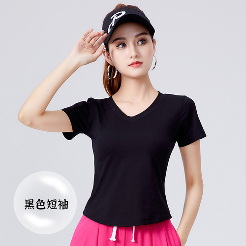 New Square Dance Costume V-Short Sleeve Top, Fashion Fitness Aerobics Dance Team Clothing, Female Dance Practice Suit