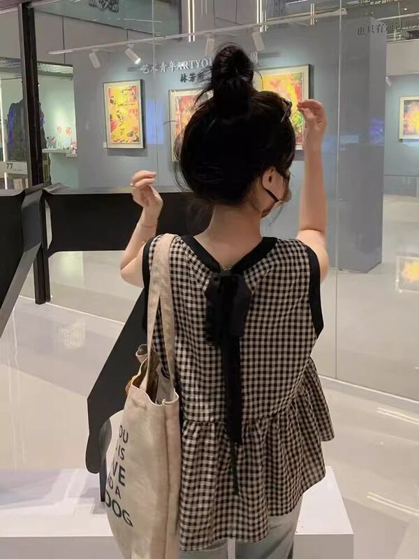 Cake Shirt Women's Large Hem Loose Slimming Plaid Back Tie Sleeveless Black and White Color Matching Top Pullover Shirt