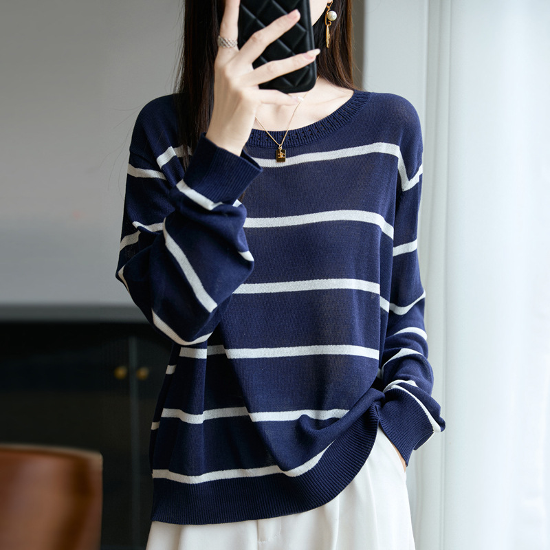 Fine-Spun Wool 2026 Autumn and Winter New Women's Loose Round-Neck Striped Color-Block Casual Pullover Knit Sweater Fine-Spun Wool 2026 Autumn and Winter New Women's Loose Round-Neck Striped Color-Block Casual Pullover Knit Sweater
