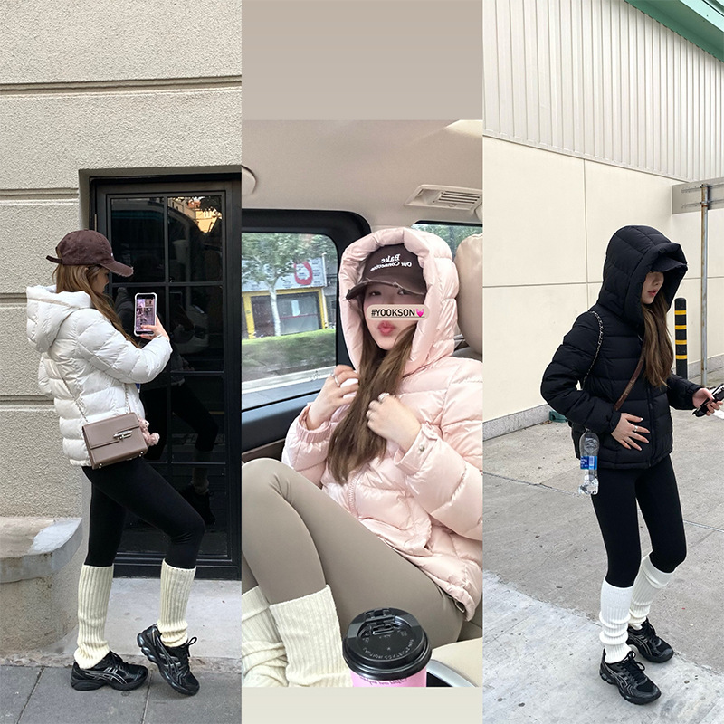 Heygirl Black Brother Lu Series Ribbed down Jacket, White Duck down Hooded down Jacket for Women, Winter Waist-Cinching Slimming Coat