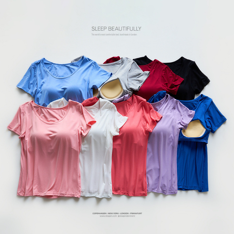Modal Short-Sleeve T-Shirt with Chest Pads, Women's Summer Bra-Free Integrated Yoga Home Wear, Cross-Border Manufacturer In-Stock