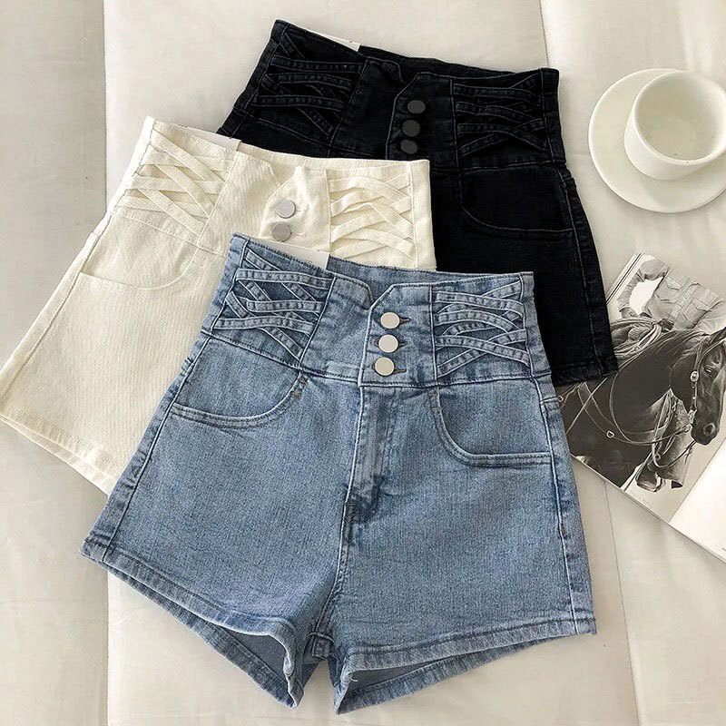 Buckle Design Cross Denim Shorts Women's A- Shaped Super High Waist Stretch Straight Slim-Fit Ins Wide-Leg Hot Pants for Summer