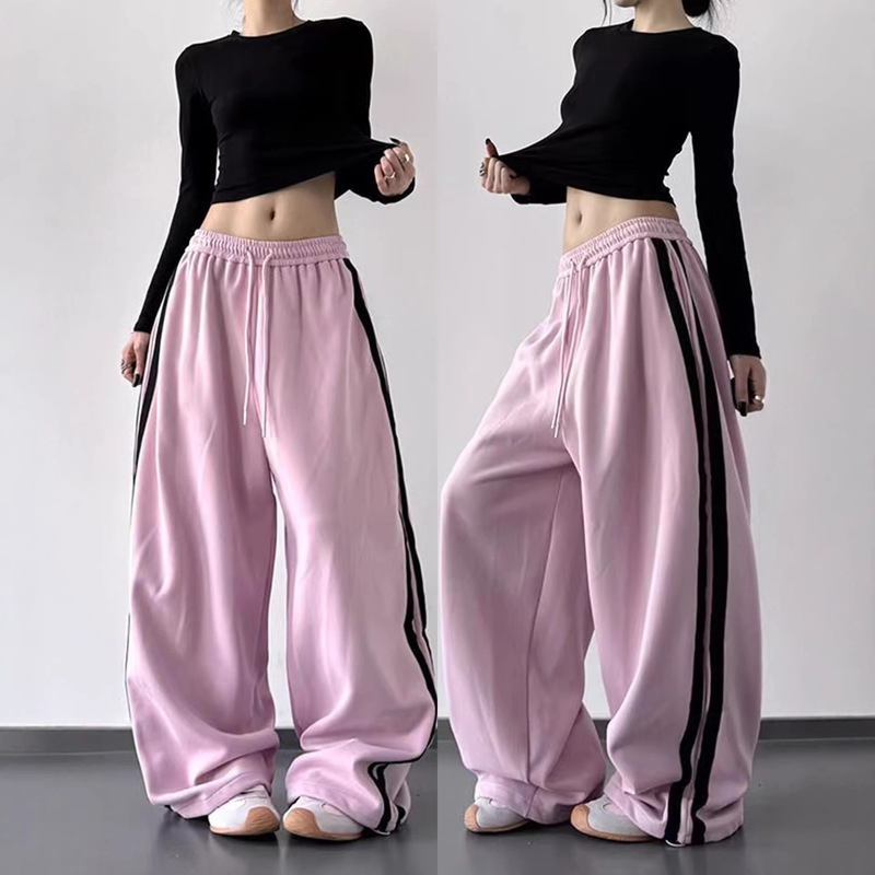 American-Style High-Waisted Pink Sports Pants for Women 2025 New Loose Jazz Dance Pants Slimming Striped Wide-Leg Casual Pants