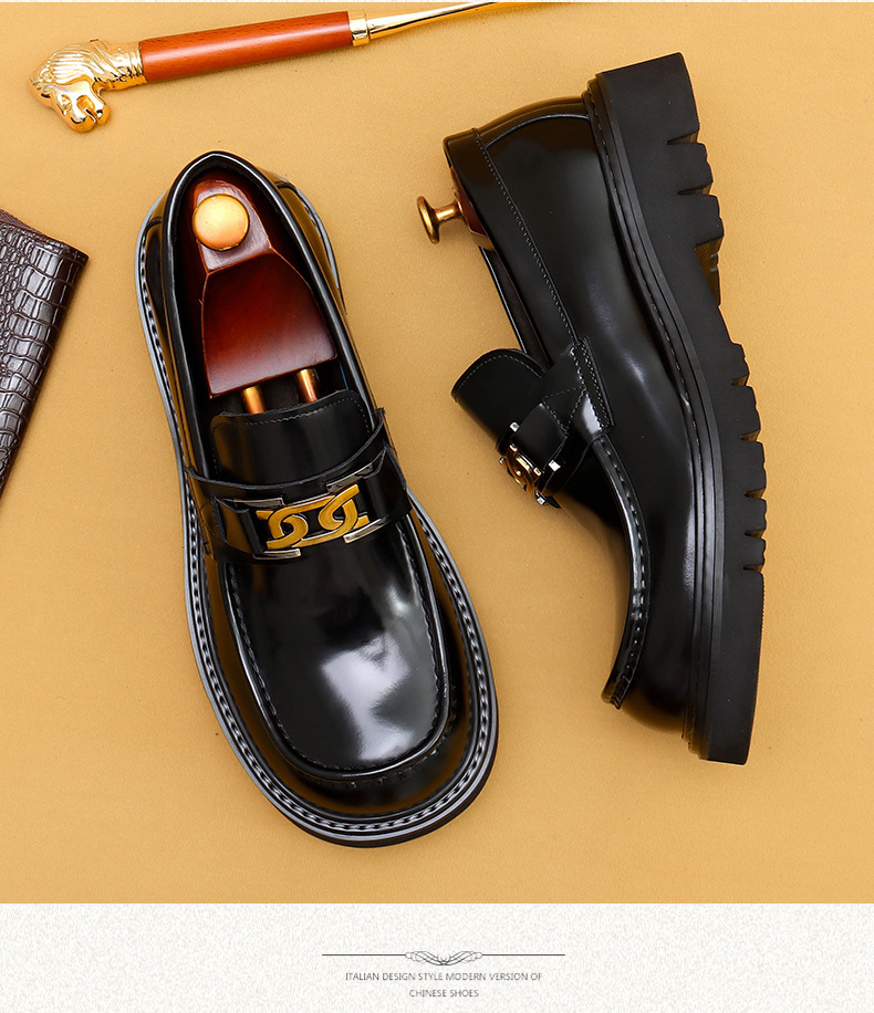 Foreign trade popular big toe leather shoes men's genuine leather glossy business casual fashion wide foot platform slip-on formal wear shoes_vogvips.com