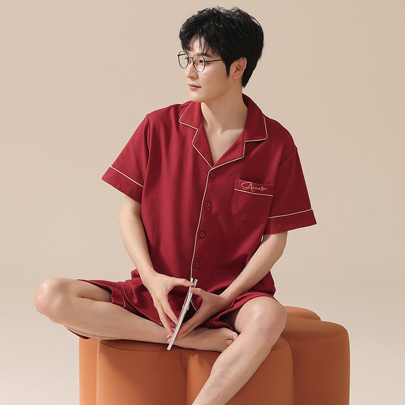 Verano nuevos hombres cardigan pijamas de manga corta puro algodón rojo boda casual waffle desgaste del hogar se puede usar fuera de verano