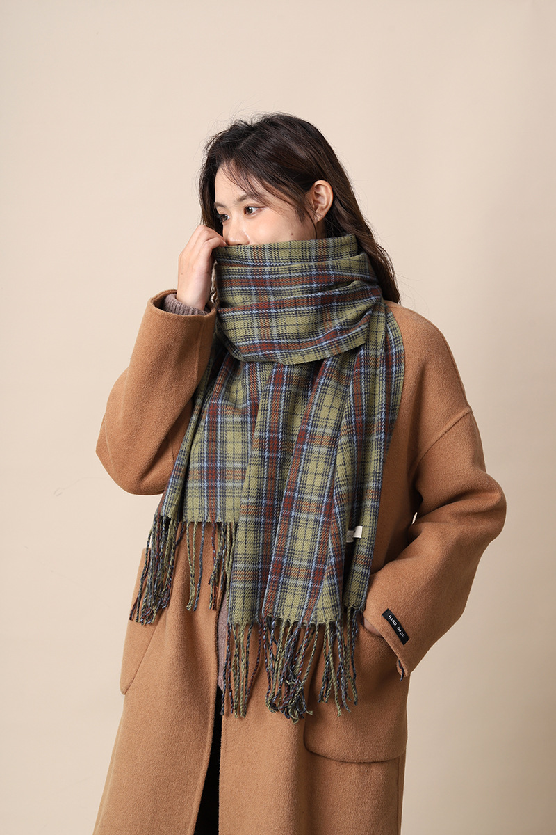 Neues grün kariertes Tuch im koreanischen Stil für Damen, vielseitig einsetzbar im Herbst und Winter, individuell und hochwertig, warmer Schal_voghion.com