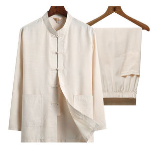 Men's Tang Suit Spring & Fall Off-White Chinese Style Dad Suit Grandpa Suit Cotton and Linen Suit Long-Sleeved Shirt Loose Retro