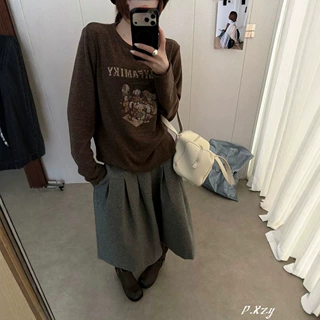 016 美式复古卡通字母印花T恤女冬款柔软亲肤圆领长袖显瘦上衣女
