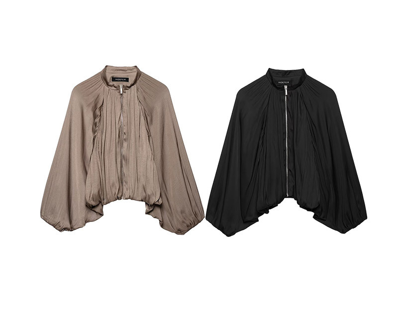 2026 Spring and Autumn New Stand Collar Satin Bat Sleeve Loose Zipper Bomber Jacket Solid Color Casual Cardigan Top