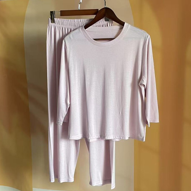 자른 소매 스트레이트 바지 여성용 크루 넥 실크면 블렌드 홈 의류 세트 뽕나무 실크 파자마