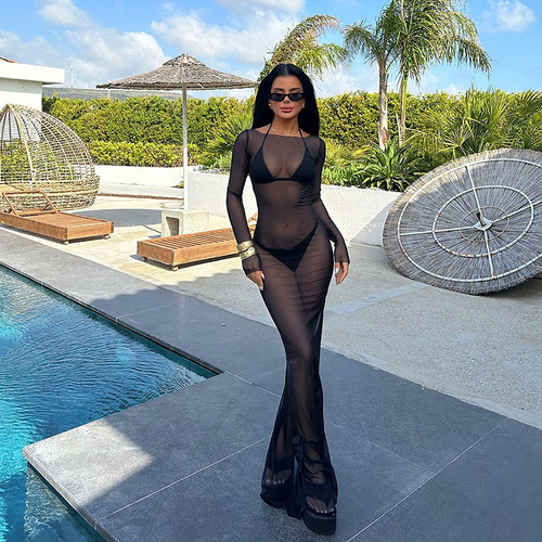 2025 European and American Style Summer Sexy Women's Bodysuit Sheer Mesh Off-the-Shoulder Long-Sleeve Long Dress