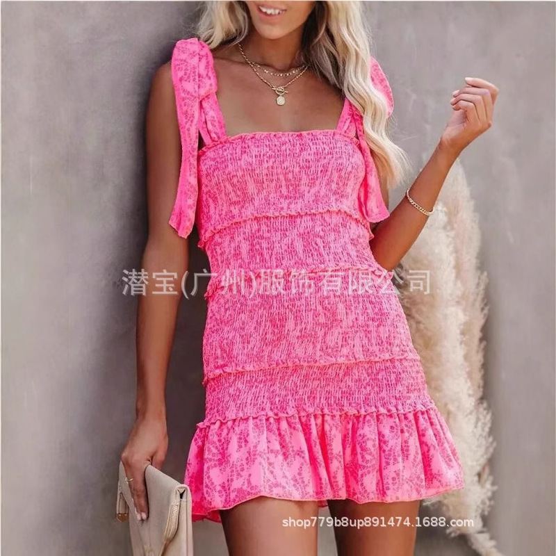 In Stock 2025 New Foreign Trade Cross-Border Summer Spaghetti Strap Square Neck Ruffle Tie Mini Pleated Dress for Women In Stock 2025 New Foreign Trade Cross-Border Summer Spaghetti Strap Square Neck Ruffle Tie Mini Pleated Dress for Women