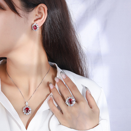 Zhuang Sheng Sheng Jewelry S925 solid silver jewelry set with simulated sapphire, oval ring, earring, pendant set of three