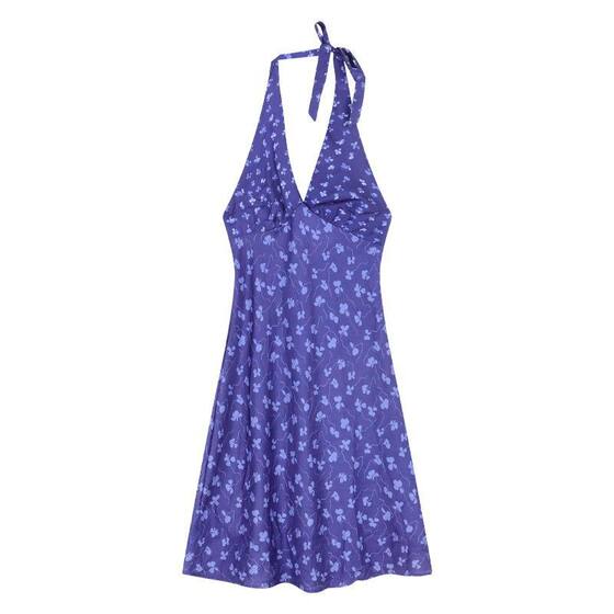 French-style Blue V-neck Hanging Neck dress Women's Summer Vacation-style Tight Waist Backless Hip Skirt Slim-fit Floral Skirt with Slip