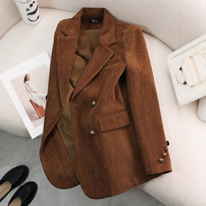 Cross-border Brown Golden Velvet Small Suit Jacket Women's Autumn and Winter New Slim-fit Casual Fashion High-end Suit Top