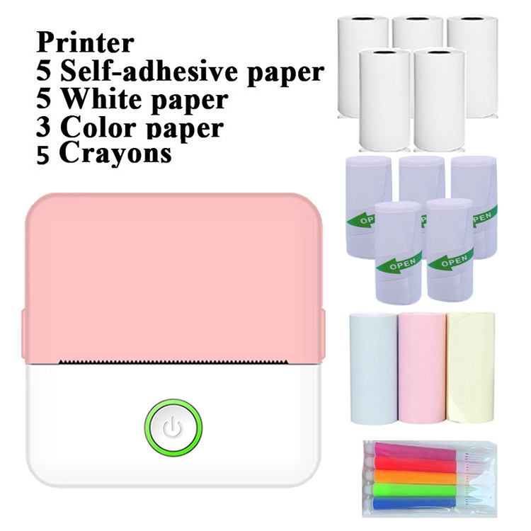X6 Rosa Blanco + 5 Rollos de Papel Térmico + 5 Hojas de Pegatinas + 3 Rollos de Papel de Colores + 5 Marcadores de Colores