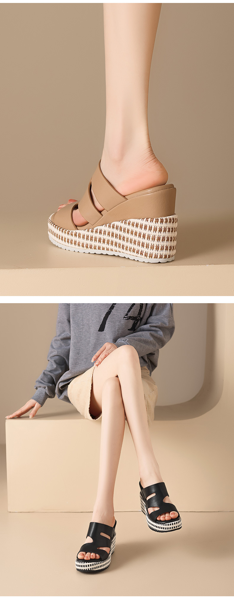 Dép sandal nữ quai chữ V đế xuồng cao gót 5 cm da PU mềm mại — màu đen, màu nâu nhạt, Trắng kem- chi tiết 10
