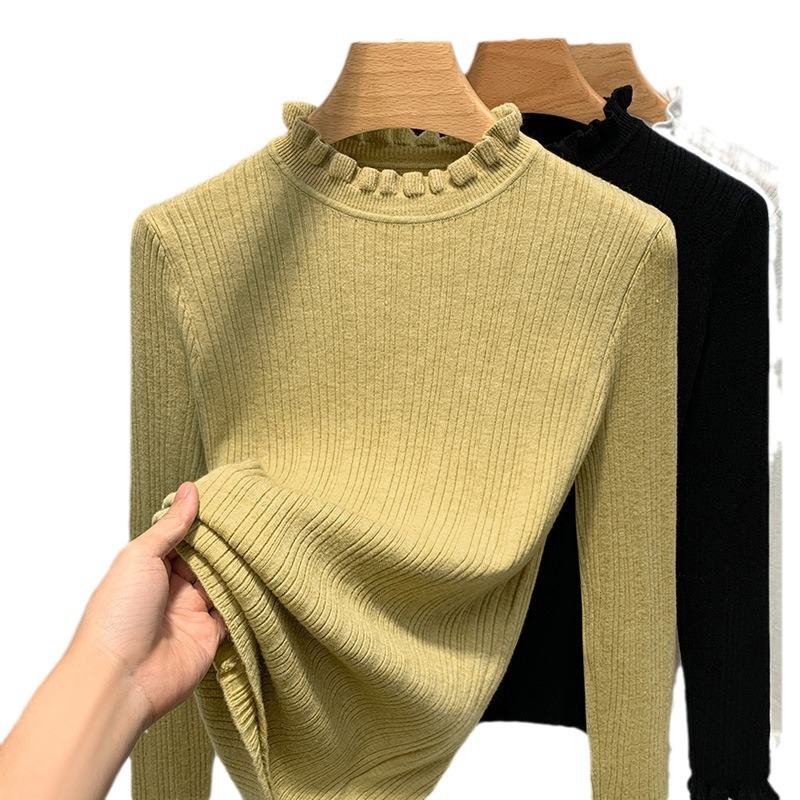 Cuello con volantes punto camisa de fondo para las mujeres 2023 nuevas color sólido suave glutinoso suéter caliente Cintura interior apretado top image 6