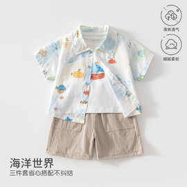 宝宝衬衫套装三件套夏季薄款帅气男宝休闲小童婴儿衣服儿童外出服