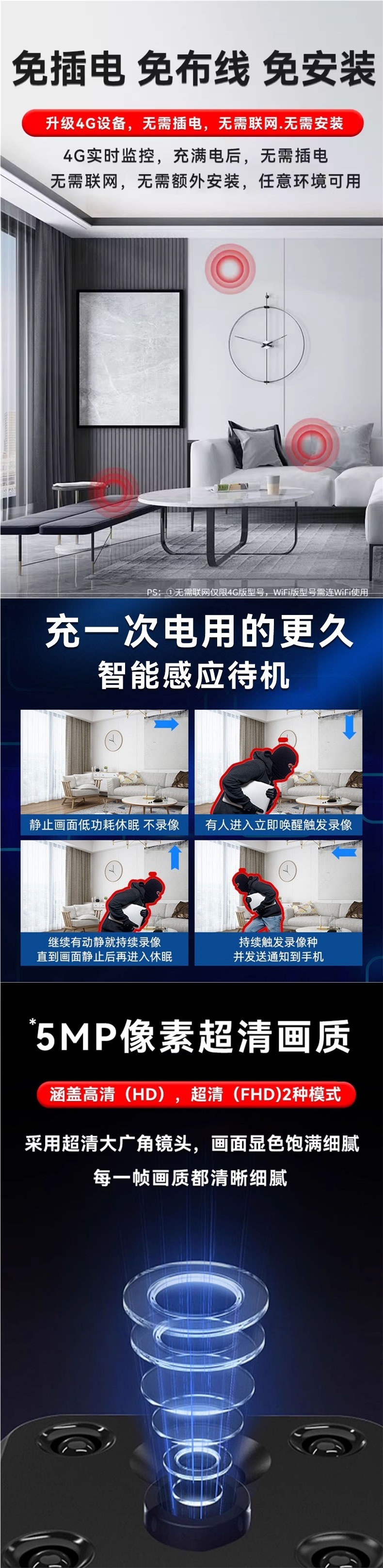Wireless surveillance camera, home wifi, no need to plug in, can be connected to a mobile phone for remote 360-degree access without blind spots, indoor cat's eye details Picture