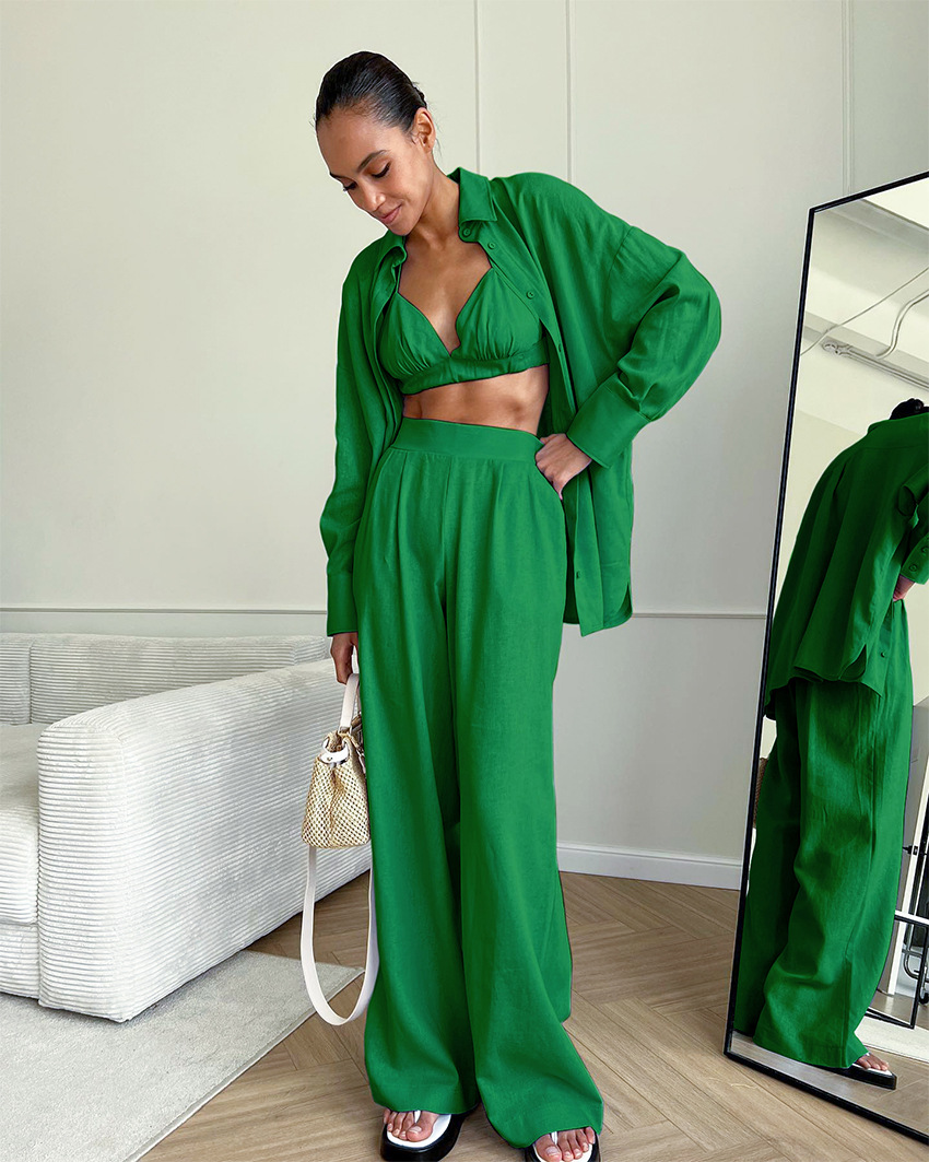 Casual Solid Color Cotton Patchwork Pants Sets 3 Piece Set