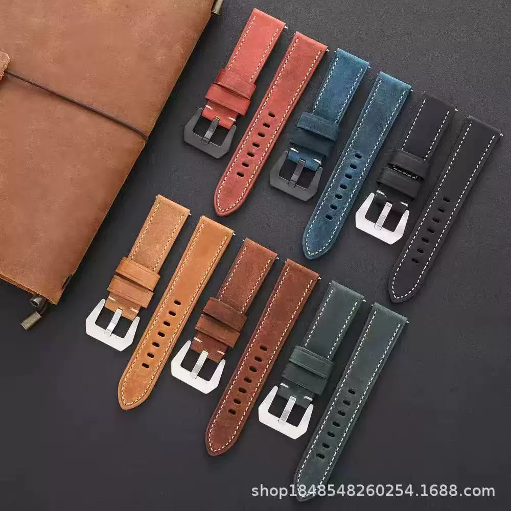 批发疯马皮手表带适用于胖大海华为复古手工真皮手表配件22mm24mm