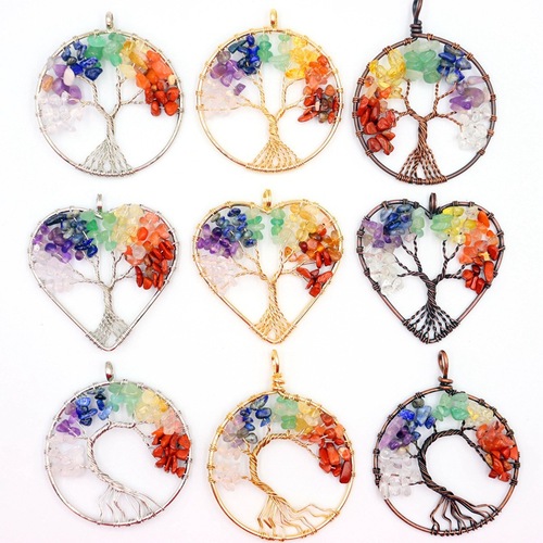 Amazon natural crystal gravel winding colorful tree of life pendant necklace natural stone money tree dream catcher pendant