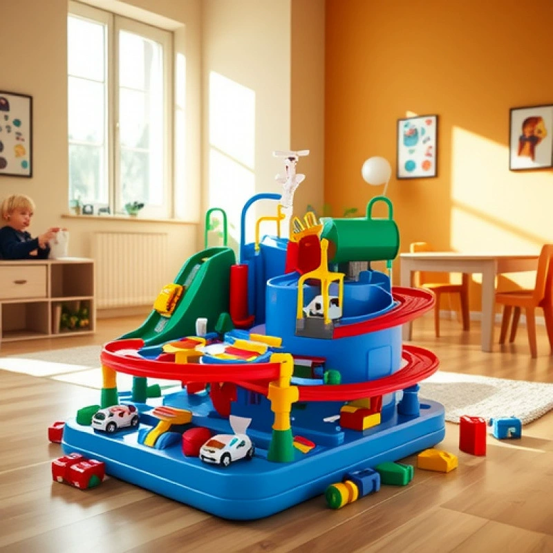 Детская игрушечная машинка для приключений в стиле TikTok: маленький железнодорожный трек, парковка и горка.