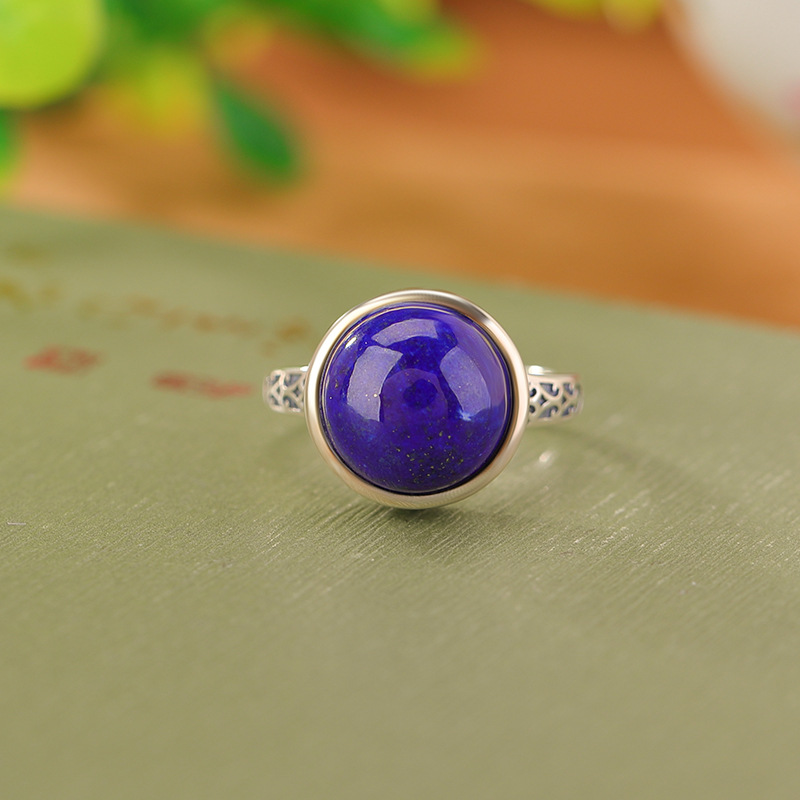 Nhẫn bạc S925 đính đá Lapis Lazuli họa tiết hoa văn cổ điển phong cách dân tộc — Mở một size