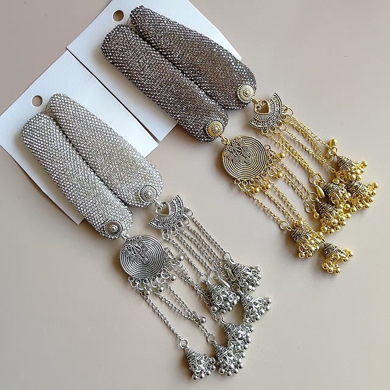 New Chinese Style Full Diamond Bell Tassel Pendant Hairpin Bb Clip Women's Ethnic Style Side Bangs Clip Retro Side Clip Headwear