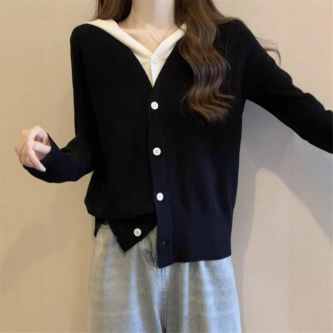 韩系假两件连帽针织开衫女秋冬设计感独特别致毛衣外套小个子上衣