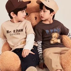 2024春秋季新款paw小熊長袖棉假兩件插肩袖韓版時尚中小童長袖t恤