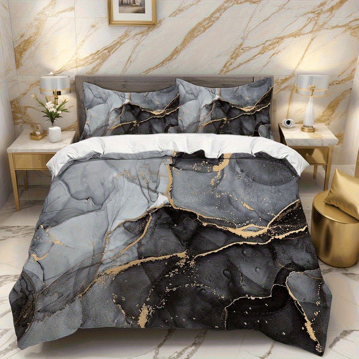 TEMU / JIT negro y blanco textura de mármol molienda impresión digital kit de colcha de tela para el hogar se puede diseñar