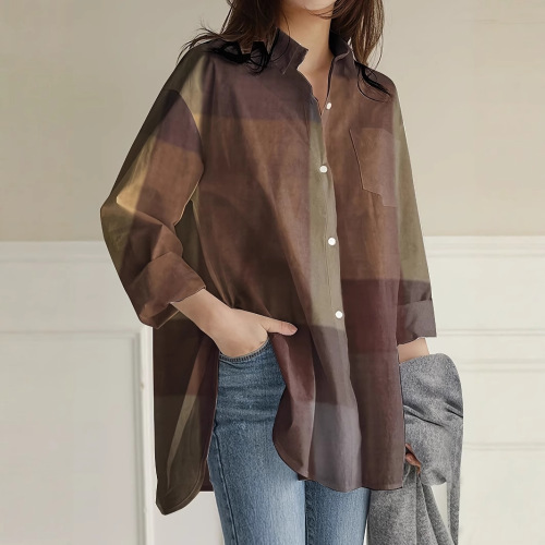 Grid pattern button-down shirt, women's casual long-sleeve stand-up collar blouses, spring and autumn wear