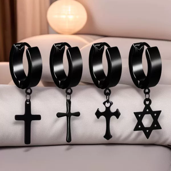 Cross-Border Popular Amazon Men's Cross Six-Pointed Star Earrings Titanium Steel Punk Earrings Stainless Steel Earring Set