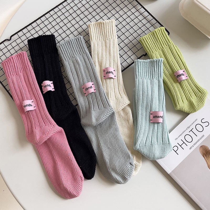 Niche powder label Japanese retro solid color cotton original embryo thick line tube socks autumn and winter men's and women's long tube pile socks ins