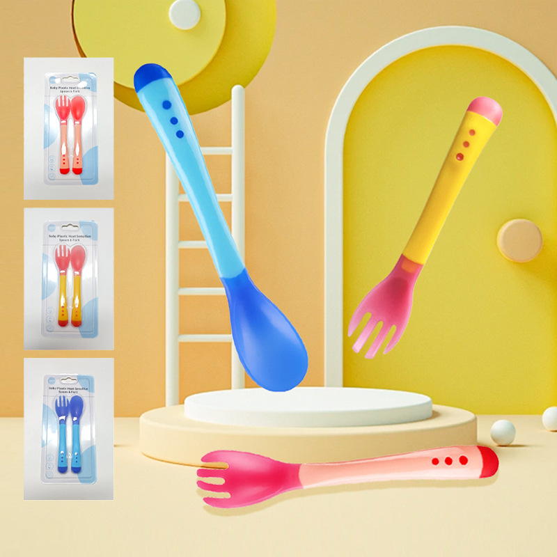 Factory Direct Sales Infant Temperature-Sensitive Color-Changing Silicone Spoon Baby Food Feeding Soup Soft-Head Baby Silicone Fork and Spoon