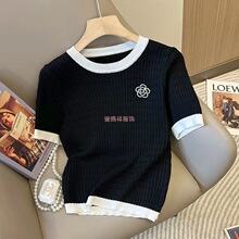 批发小香风圆领冰丝短袖T恤女夏季山茶花宽松显瘦百搭薄款针织衫