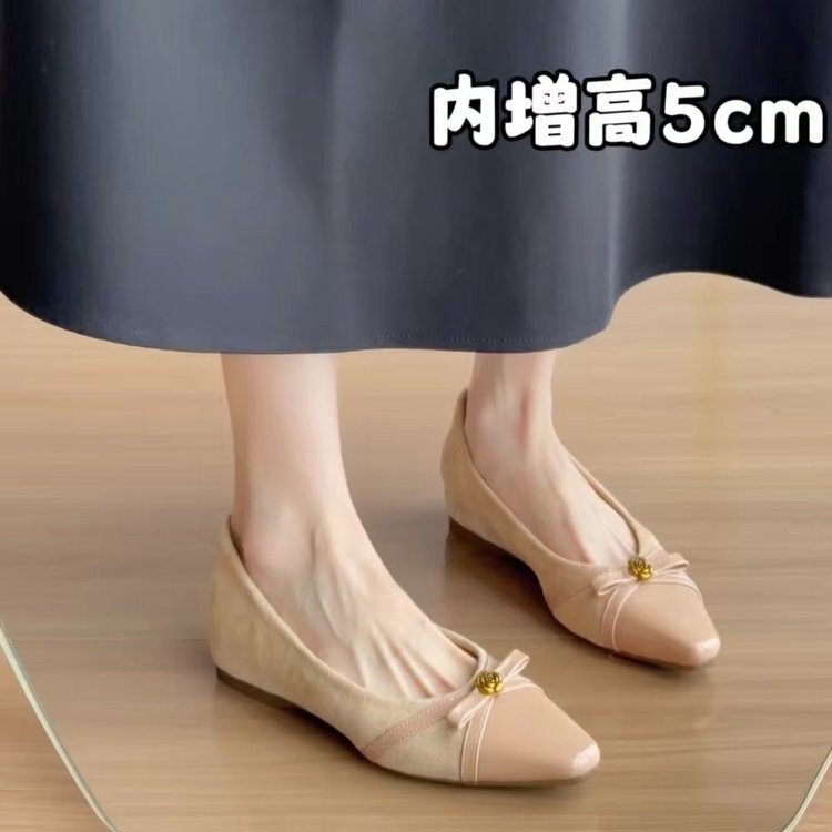 Women's 2026 New Style Nude Camellia Shallow Mouth Single Shoes with 5cm Hidden Heel, Pointed Toe, and Suede Patchwork Ballet Shoes