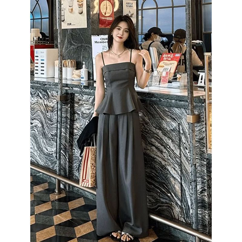 时尚减龄套装女夏季高级感气质无袖吊带背心高腰阔腿休闲裤两件套|undefined
