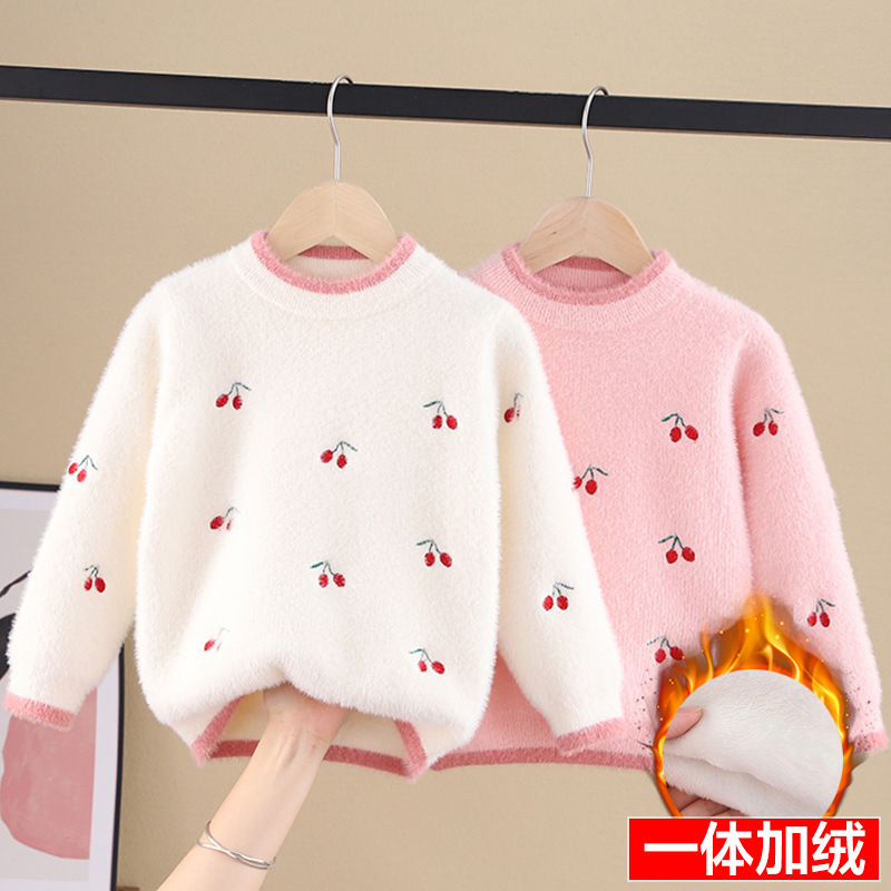 New stylish mink fleece sweater for girls, children's knitted base layer sweater, pullover sweater for boys.