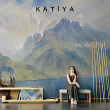 Katiya北欧抽象艺术高山湖泊风景壁纸客厅电视背景墙无缝壁画壁纸