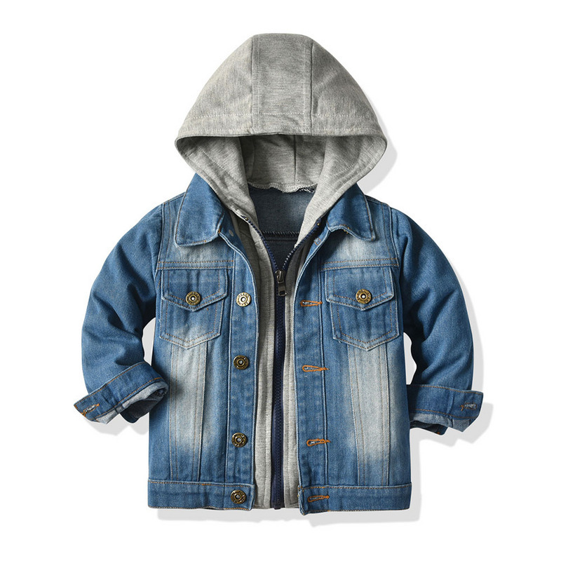 Chaqueta de mezclilla para niños coreanos otoño e invierno moda abanico cremallera de manga larga con capucha vaquero falso de dos piezas Denim coat