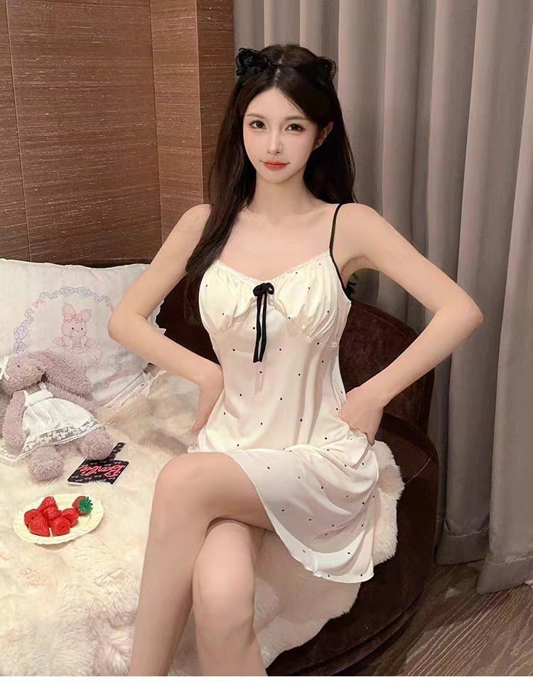 Cherry Print Floral Suspender Nightgown with Chest Pads, Thin Summer Sleep Dress — detail image 19